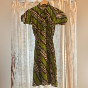 Vintage ZIQ Batik Indonesia Cotton Dress XS Rare Ruffle Tie Back